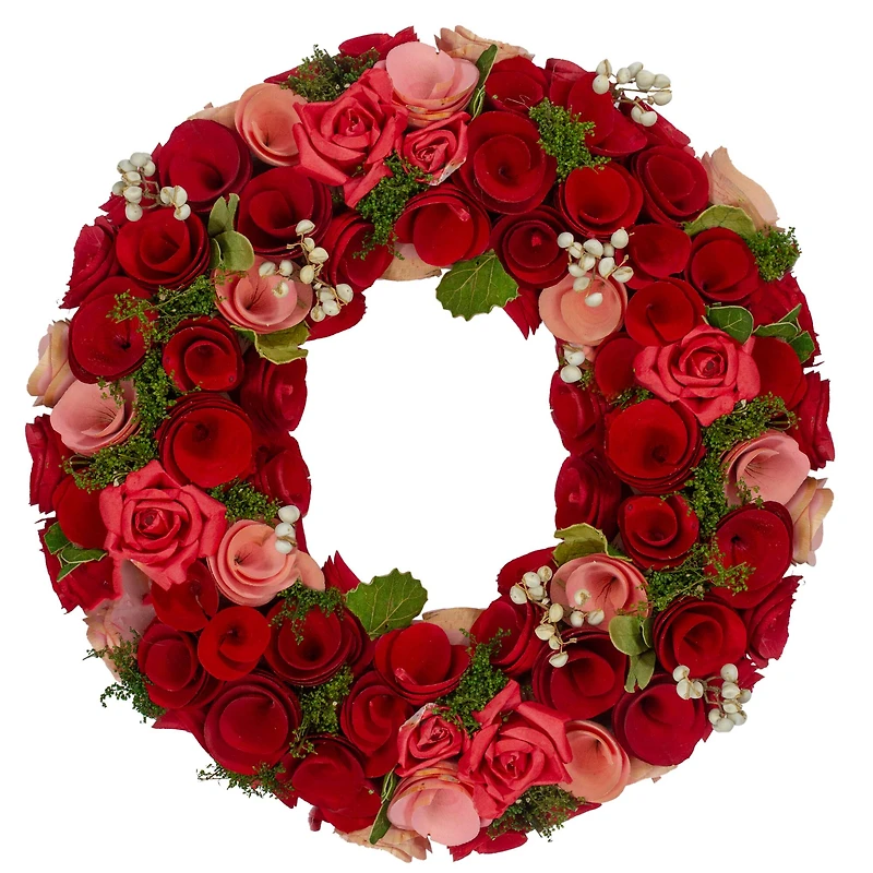 Red and Pink Wooden Rose with White Berries Artificial Wreath 12"