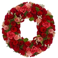 Red and Pink Wooden Rose with White Berries Artificial Wreath 12"