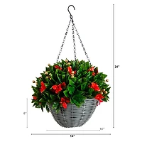 24in. Pre-Lit UV Resistant Artificial Red Tip Photinia & Gold Berries Christmas Hanging Basket with 34 Warm White LED Lights (Indoor/Outdoor)