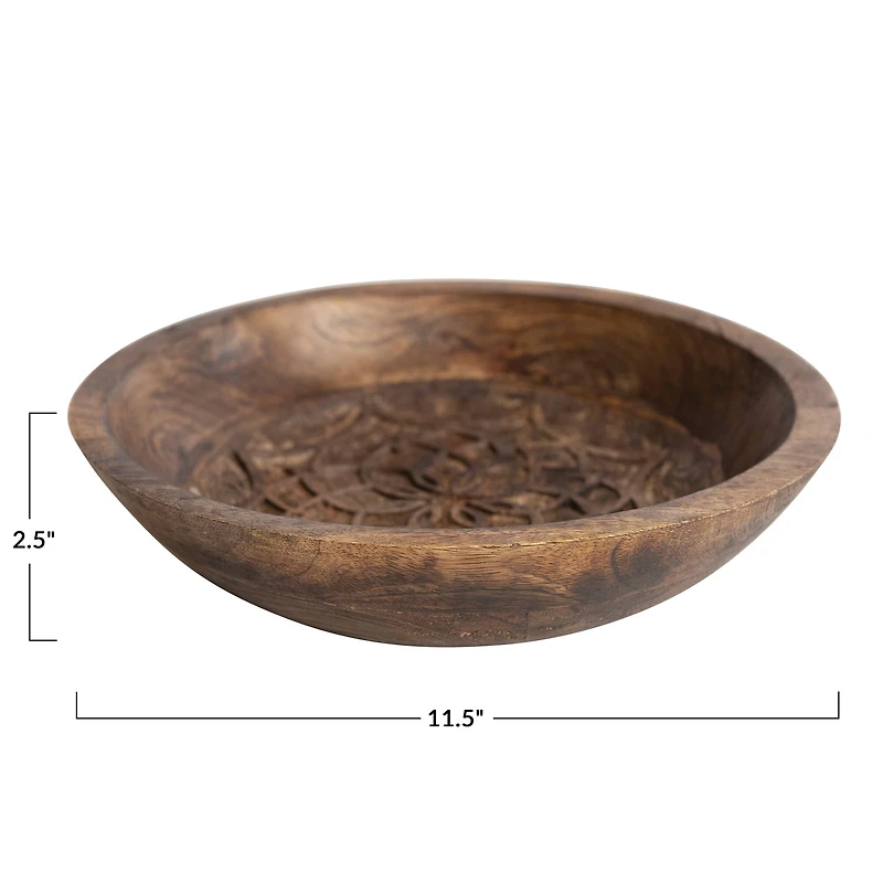 Hello Honey® 11.5" Natural Boho Carved Wood Bowl with Floral Designs