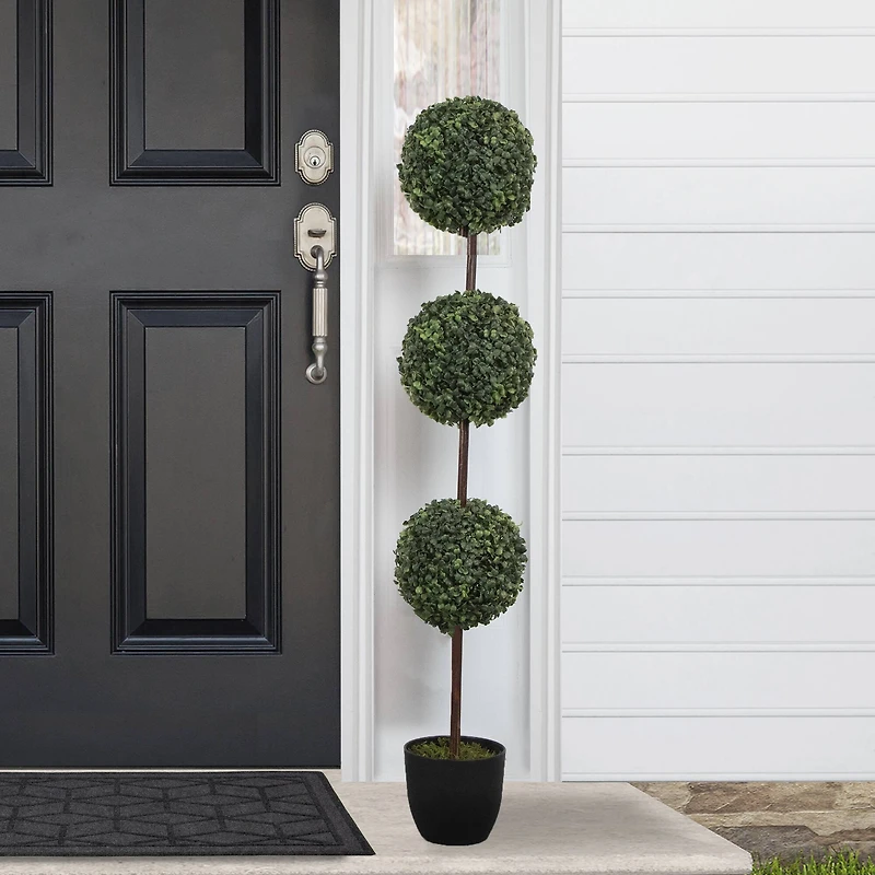 4ft. Unlit Artificial Two-Tone Boxwood Triple Ball Topiary Tree with Round Pot