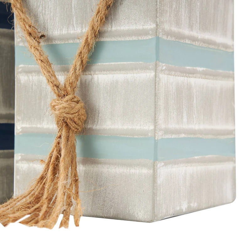 White Metal Striped Buoy Sculpture with Rope Handles Set