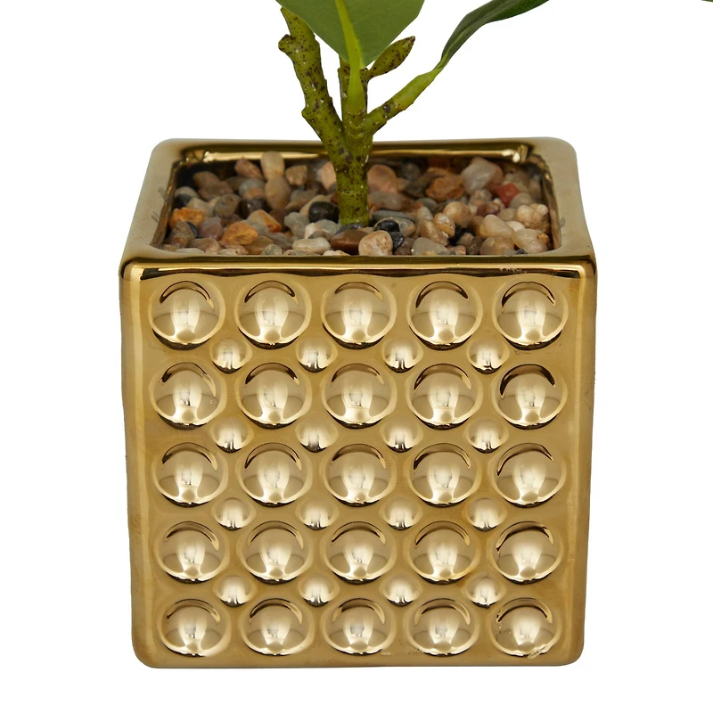 15" Glam Style Evergreen Artificial Foliage in Gold Porcelain Pot