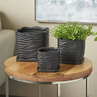 Black Wavy Ribbed Ceramic Planter Set