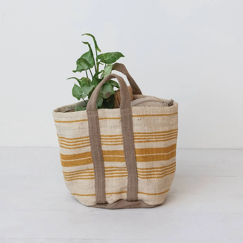 Hello Honey® 24" Cream & Yellow Stripe Jute & Cotton Tote Bag Handles