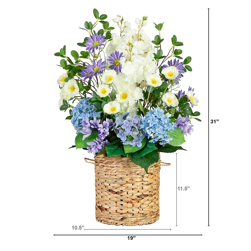 2.5ft. Artificial Mixed Flower & Hydrangea Arrangement in Hyacinth Weave Basket