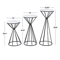 Black Metal Geometric Cone Shaped Rod Plant Stand with Marble Tabletop Set