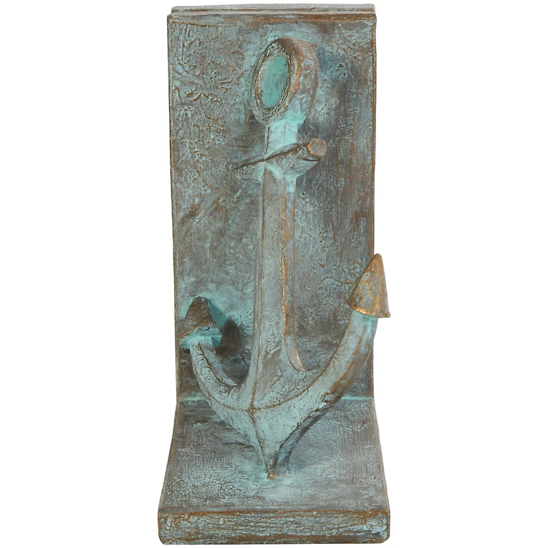 8.5" Blue Polystone Anchor Distressed Patina Bookends with Gold Foil Accents Set