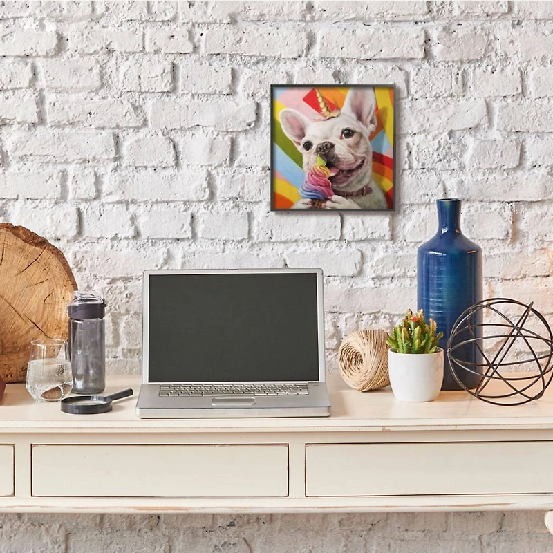 Stupell Industries Rainbow French Bulldog Unicorn Wall Art in Black Frame