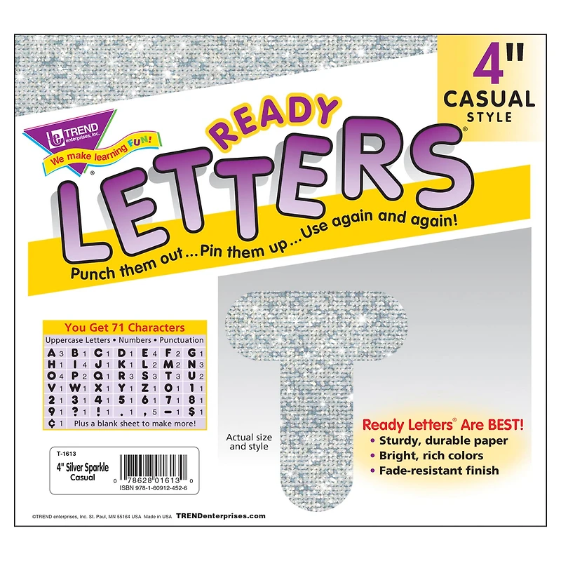 Trend Enterprises® 4" Silver Sparkle Casual Uppercase Ready Letters®, 3 Packs of 71