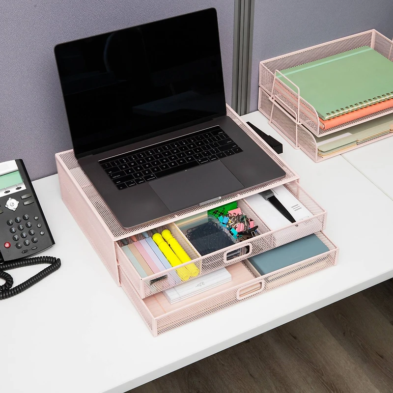 Mind Reader Mesh Monitor Stand with Storage Drawer, Ventilated Laptop Riser and Desktop Organizer, Office, Metal Mesh, Pink