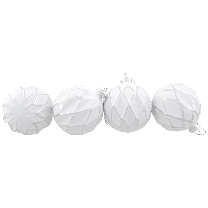 Embossed Diamond Christmas Glass Ball Ornaments - 4" (100mm) - White - 4ct