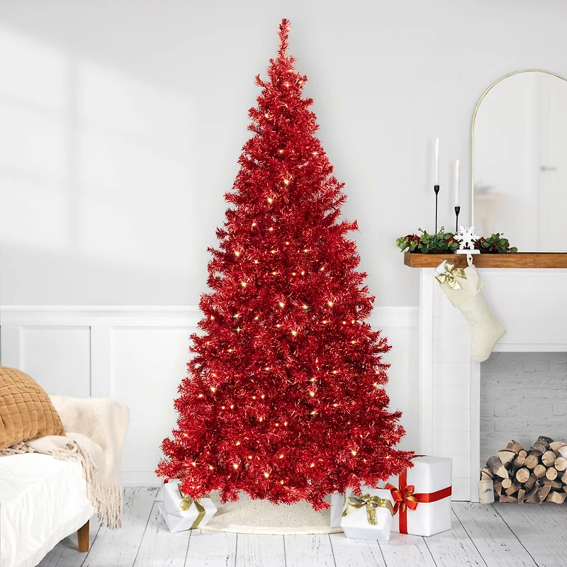 9ft. Pre-Lit Red Artificial Tinsel Christmas Tree, Clear Lights