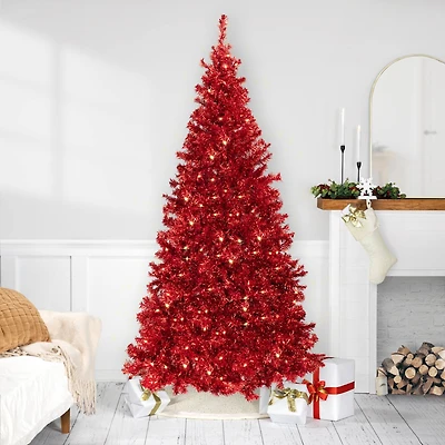 9ft. Pre-Lit Red Artificial Tinsel Christmas Tree, Clear Lights