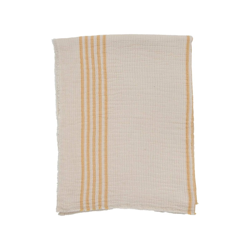Hello Honey® White & Yellow Stitched Double Cloth Cotton Throw with Frayed Edges