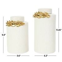 White Ceramic Decorative Jar Set with Abstract Spotted Pattern & Gold Leaf Accents