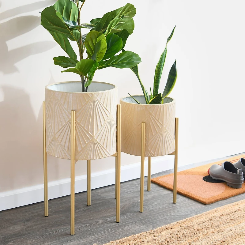 Hello Honey® Cream & Gold Boho Embossed Metal Planters with Stands Set