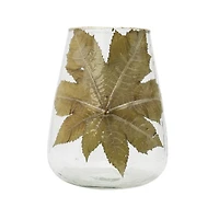 Hello Honey® 10" Embedded Papaya Leaves & Foil Edge Handblown Glass Hurricane