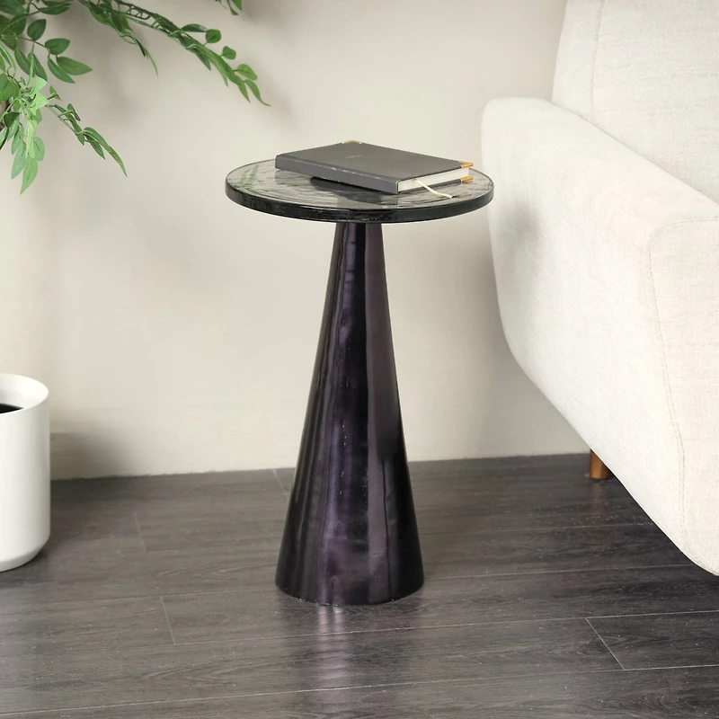 22" Black Aluminum Geometric Cone Accent Table with Textured Glass Tabletop