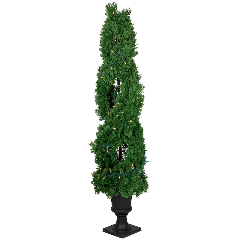 4.5ft. Pre-Lit Artificial Cedar Double Spiral Topiary Tree in Urn Style Pot, Clear Lights