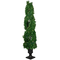 4.5ft. Pre-Lit Artificial Cedar Double Spiral Topiary Tree in Urn Style Pot, Clear Lights