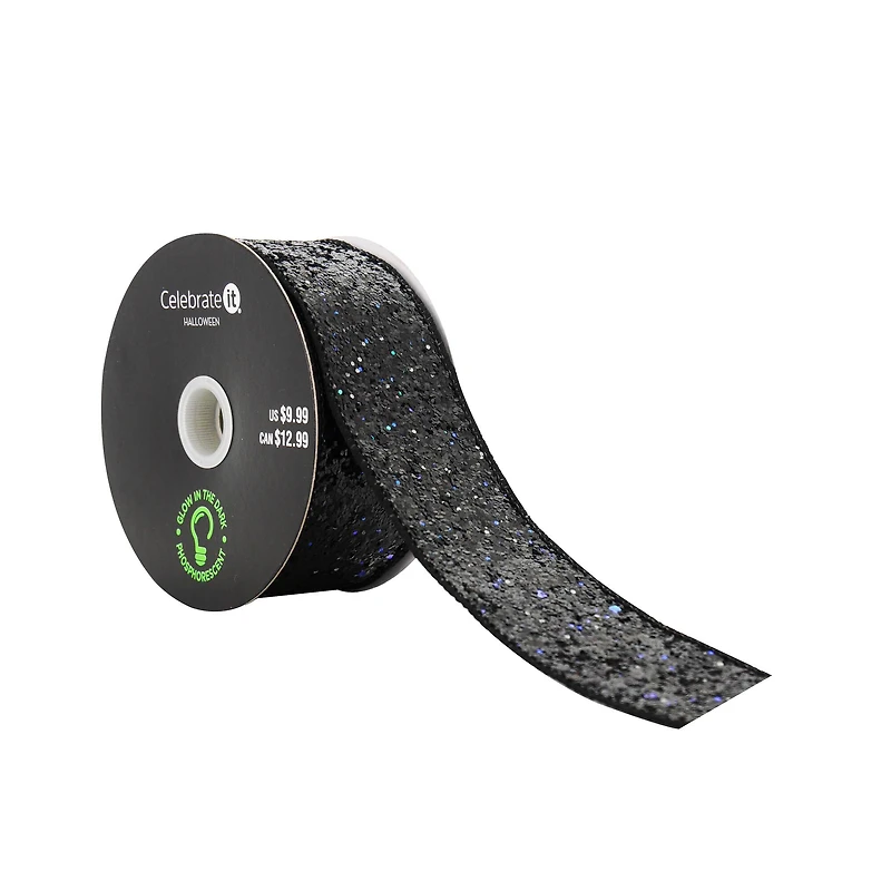 1.5" x 10yd. Black Glitter Wired Taffeta Ribbon by Celebrate It® Halloween