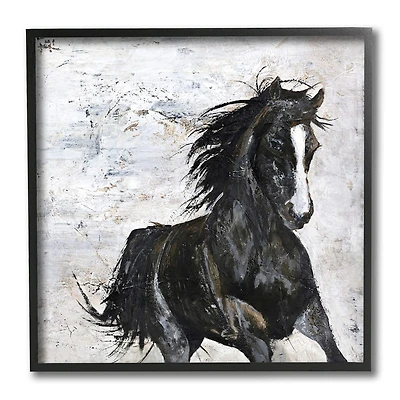 Stupell Industries Wild Black Horse Galloping over Abstract White Black Framed Wall Art