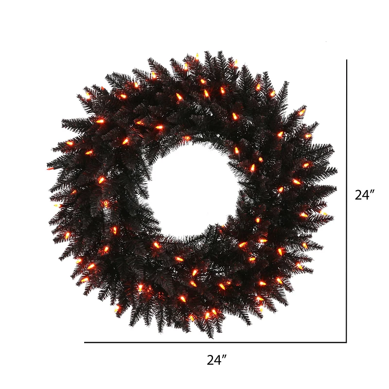 24" Pre-Lit Black Fir Artificial Christmas Wreath, Orange Dura-Lit LED Lights