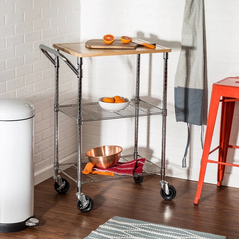 Honey Can Do Chrome & Wood Rolling Kitchen Cart with Cutting Board