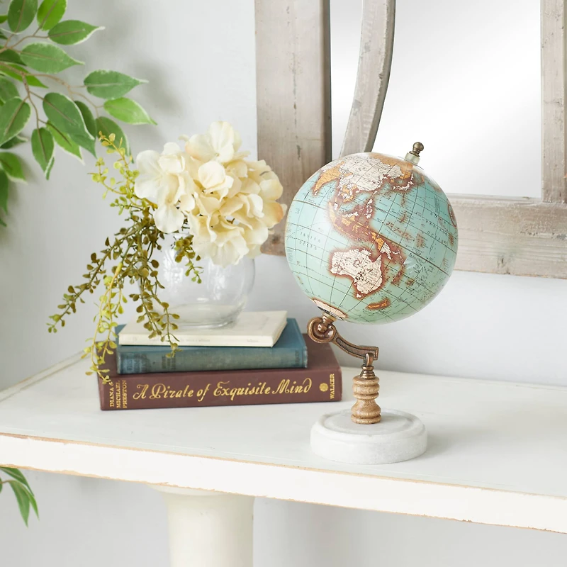 11" Aquamarine Marble & Wood Contemporary Globe