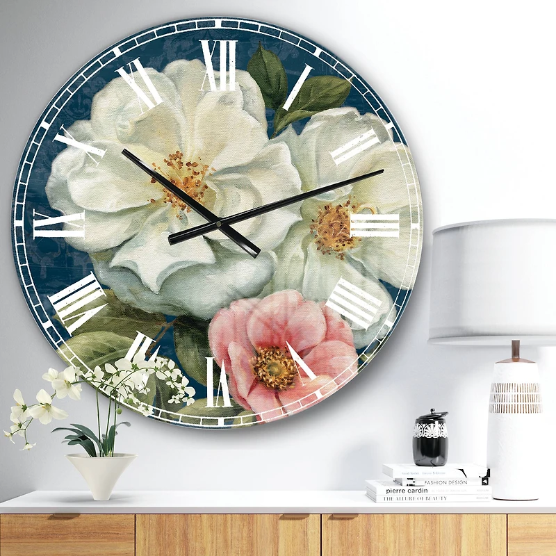 Designart 'Handpainted Blue Damask Flowers Farmhouse Wall Clock
