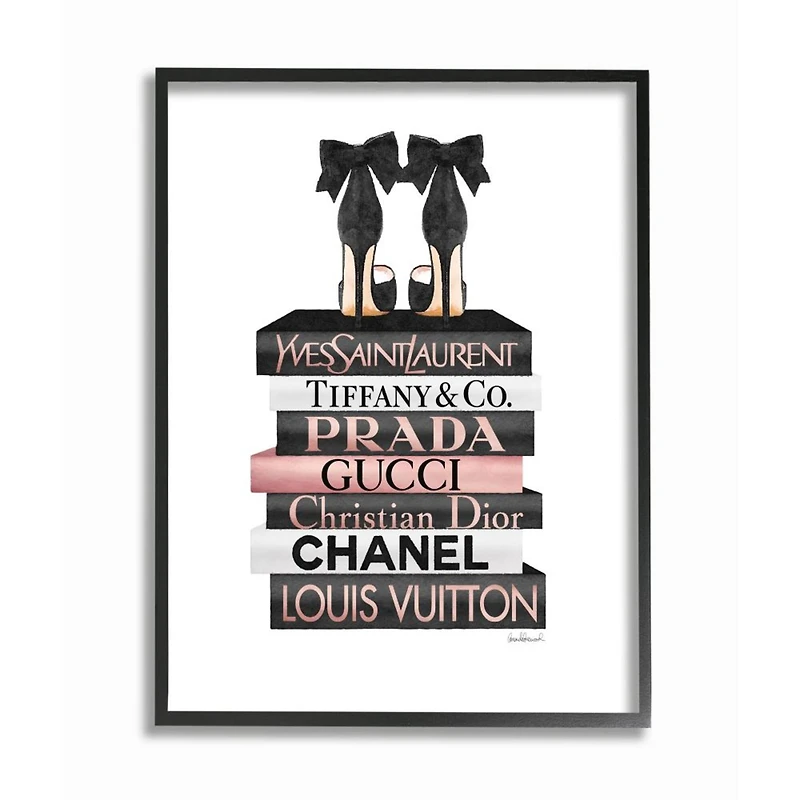 Stupell Industries Elegant Black Bow Heals on Glam Designer Bookstack Framed Wall Art