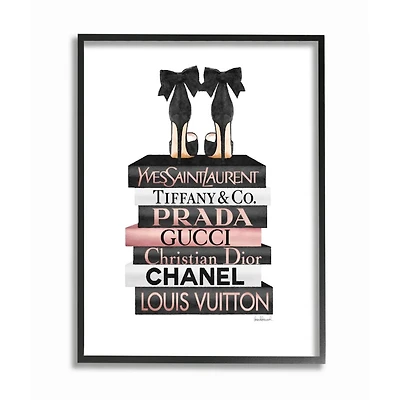 Stupell Industries Elegant Black Bow Heals on Glam Designer Bookstack Framed Wall Art