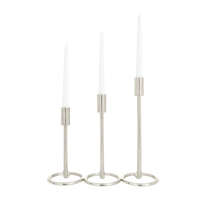 Set of 3 Silver Aluminum Contemporary Candle Holders, 14" x 5" x 5"