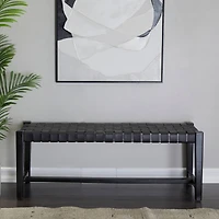 47" Black Leather Handmade Woven Seat Bench