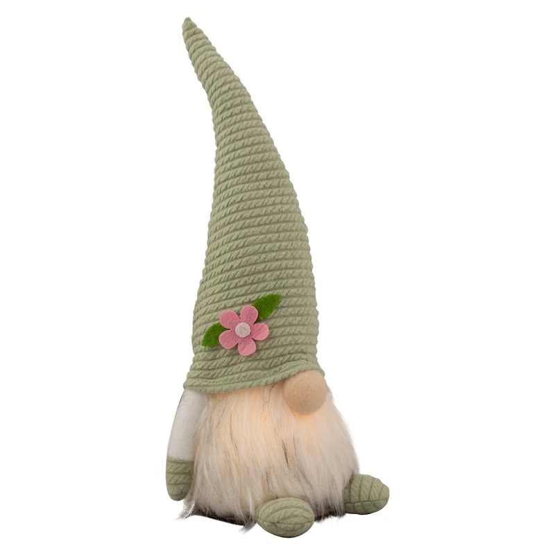 12" Lighted Green Spring Gnome with Flower Hat