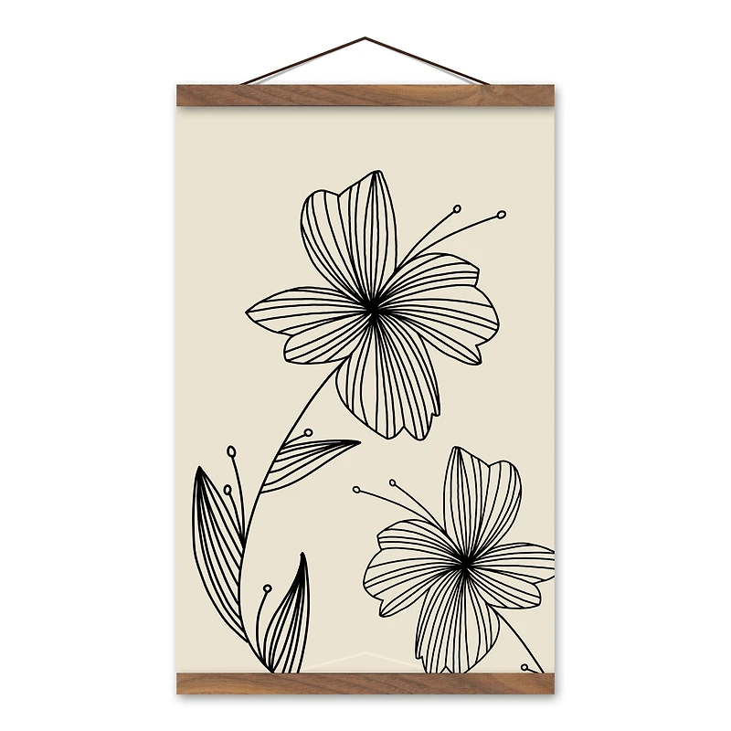 Line Flowers Teak Hanging Canvas