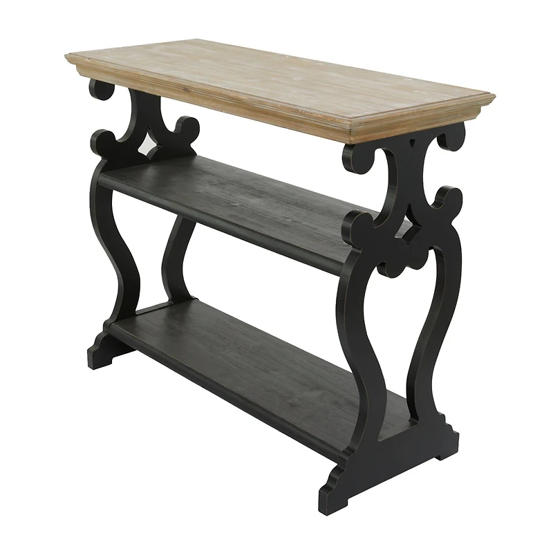 Black Wood Scroll Side Frames 2 Shelves Console Table with Brown Wood Top 38" x 15" x 32"