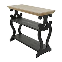 Black Wood Scroll Side Frames 2 Shelves Console Table with Brown Wood Top 38" x 15" x 32"
