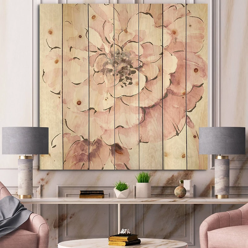 Designart - Indigold Shabby Peonies Pink - Farmhouse Print on Natural Pine Wood