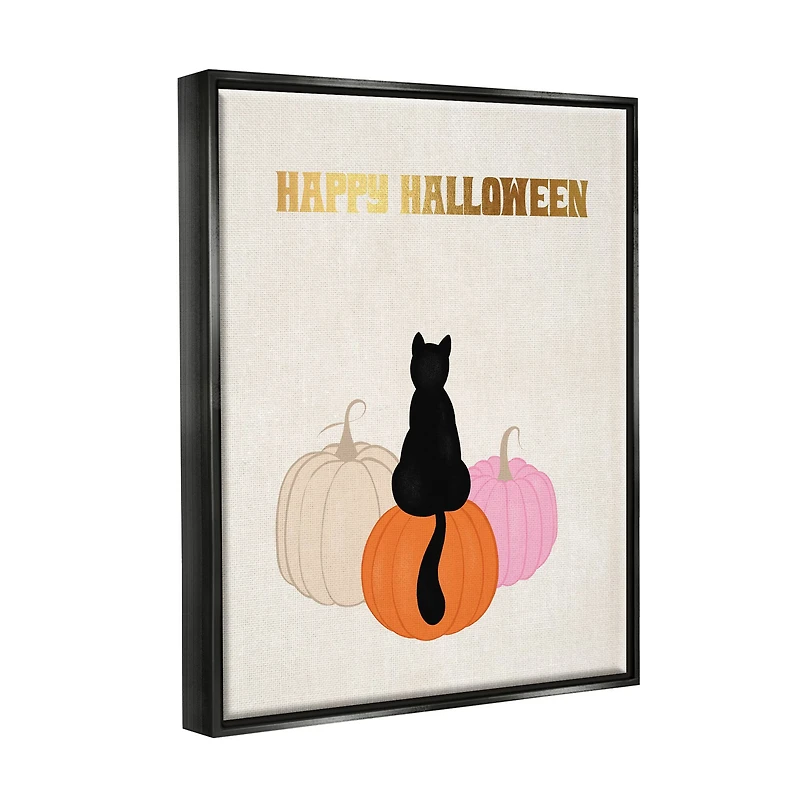 Stupell Industries Happy Halloween Black Cat Pumpkins Framed Floater Canvas Wall Art