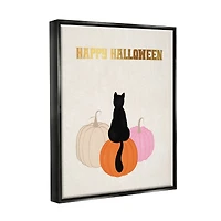 Stupell Industries Happy Halloween Black Cat Pumpkins Framed Floater Canvas Wall Art