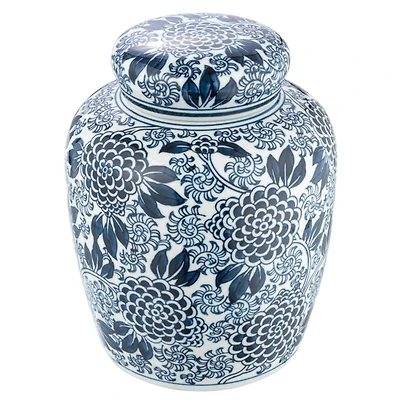 Hello Honey® 8" Blue & White Decorative Chrysanthemum Ceramic Ginger Jar with Lid