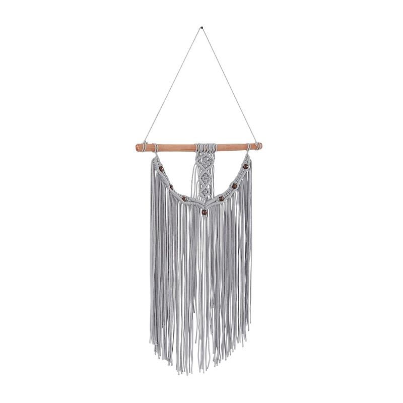 Gray Cotton Intricately Weaved Macrame Wall Decor with Beaded Fringe Tassels 20" x 1" x 44"