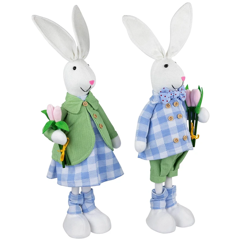 18.75" Bunny Couple in Matching Checkered Outfits Easter Figures Set