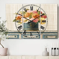 Designart Tulips In Teal And Gold Hatbox On Linen Multipanel Wall Clock