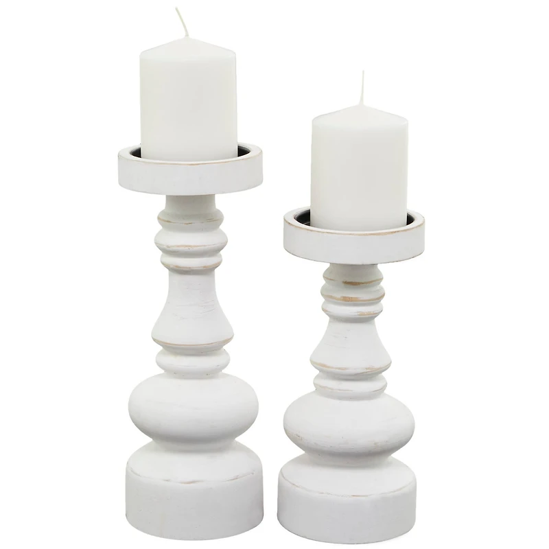 The Novogratz White Wood Turned Style Pillar Candle Holder Set