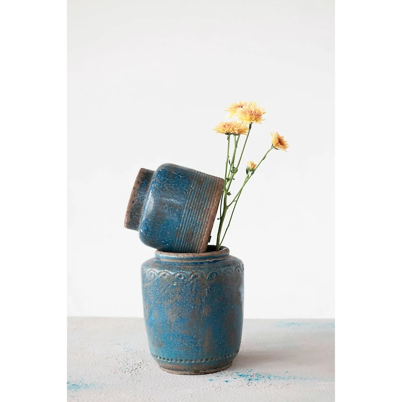 Hello Honey® 9" Distressed Blue Debossed Terracotta Vase