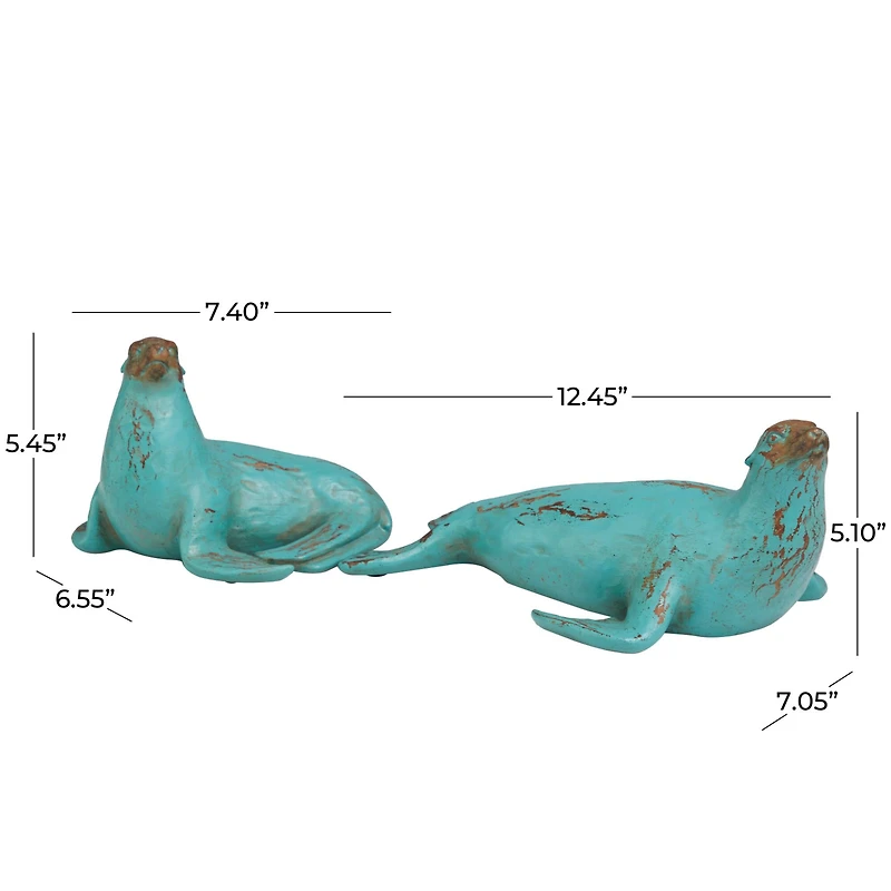 Teal Polystone Distressed Sea Lion Sculpture Set