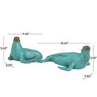 Teal Polystone Distressed Sea Lion Sculpture Set